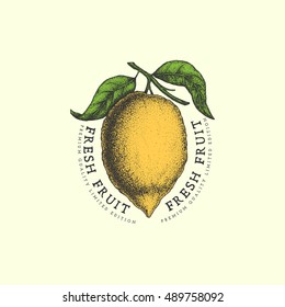 Vintage Label With Ink Hand Drawn Sketch Of Lemon. Vector Illustration.