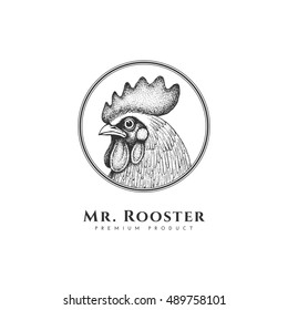 Vintage label with ink hand drawn sketch of rooster's head in a round frame. Vector illustration.