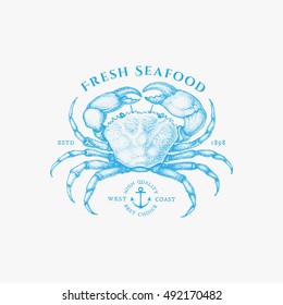 Vintage label with ink hand drawn sketch of crab. Vector illustration.