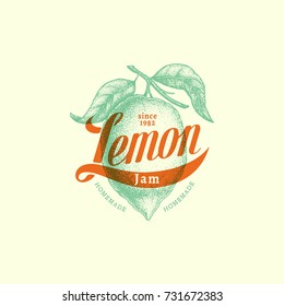 Vintage Label With Ink Hand Drawn Sketch Of Lemon And Handwritten Word Lemon. Vector Illustration.