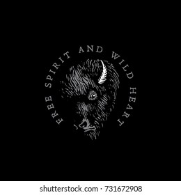 Vintage label with ink hand drawn sketch of a bison on a black background. Vector illustration.