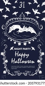Vintage label invitation for Halloween, bats in a frame