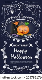 Vintage label, invitation for Halloween, pumpkin with sweets in a frame