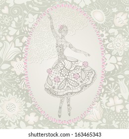 Vintage label with lacy ballerina. Vector seamless design.