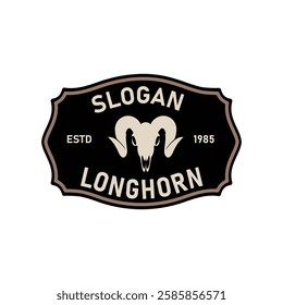 Vintage label logo design featuring a Texas Longhorn bull with a countryside vector illustration