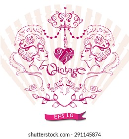 Vintage label or logo with ornaments and patterns, silhouette girls and letters