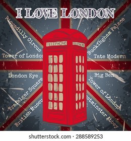 Vintage label with london telephone box on the grunge background. Retro hand drawn vector illustration poster in sketch style ' I love london'