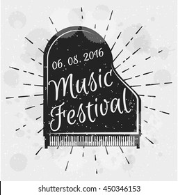 Vintage label music festival. Musical instrument piano. Vector illustration. Black grand piano top view. Music poster template.