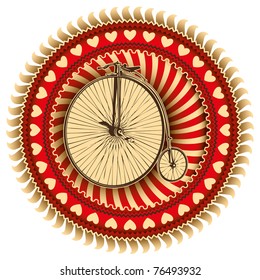 Etiqueta de época con bicicleta antigua. Ilustración vectorial.