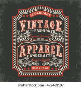 Vintage label of old-fashioned handcrafted apparel, Tee shirt print design, vector