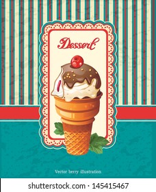 Vintage label on the abstract background with colored rays and ice cream. Elegance food detailed vector illustration