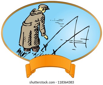 Vintage label on fishing. Fisherman with a fishing rod. Vector illustration.