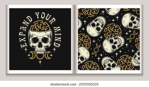 Vintage label, pattern with human skull like cup, labyrinth, stars, tripple goddes sign. Concept of sacred spirit, magic, expanded mind, psychic abilities. Mystical surreal illustration