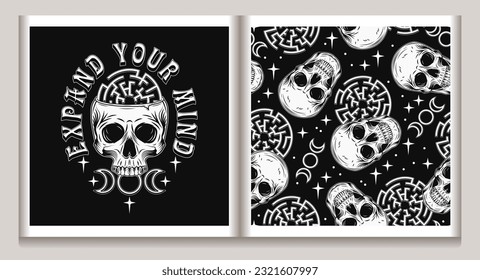 Vintage label, pattern with human skull like cup, labyrinth, stars, tripple goddes sign. Concept of sacred spirit, magic, expanded mind, psychic abilities. Mystical surreal illustration