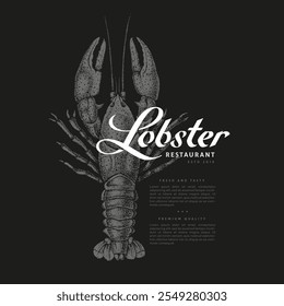 Vintage label with pen and ink hand drawn sketch of lobster. For dark background. Vector illustration.