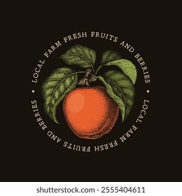 Vintage label with pen and ink hand drawn sketch of apple. For dark background. Vector illustration.