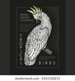 Vintage label with pen and ink hand drawn sketch of lemon-crested cockatoo parrot. For dark background. Vector illustration.