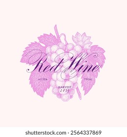 Vintage label with pen and ink hand drawn bunch of grapes. Vector illustration.
