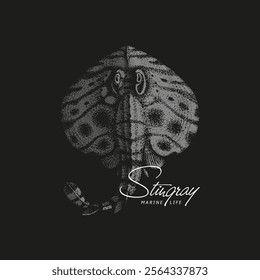 Vintage label with pen and ink hand drawn sketch of a stingray. For dark background. Vector illustration.