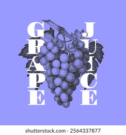 Vintage label with pen and ink hand drawn bunch of grapes. Vector illustration.