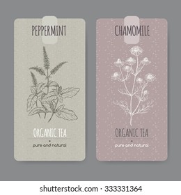 Vintage label for peppermint and chamomile organic herbal tea. Placed on original handmade paper texture.