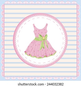 vintage label with pink dress decorated with  green bow