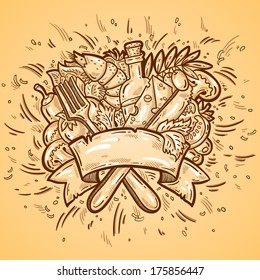 Vintage label with pizza's elements. Fork & knife. Retro style.