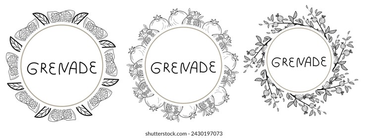 Vintage label with pomegranate on white background in etching style. Vector illustration. Collection of fruits and vegetables for print and web.