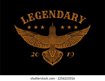 Vintage label for print t shirt and tattoo art. Gold drawing flying bird and slogan: "Legendary 2019".