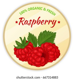 Vintage label with raspberry isolated on white background in cartoon style. Vector illustration. Fruit and Vegetables Collection.