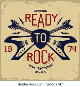 vintage label with ready to rock and guitar(T-Shirt Print)