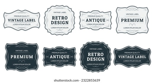 Vintage label, retro tag frame set. Antique, Victorian, royal design template. Old card, sticker, classic badge or sign collection with decorative ornament. Vector illustration.