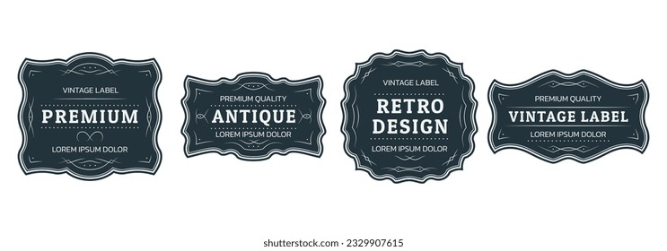 Vintage label, retro tag frame set. Antique, Victorian, royal design template. Old card, sticker, classic badge or sign collection with decorative ornament. Vector illustration.