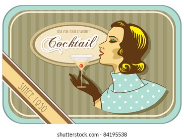 vintage label retro woman cocktail