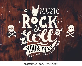 Vintage Label, Rock and Roll Style. Typography Elements. Wood Texture Background