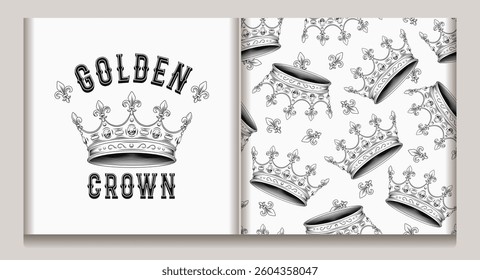 Vintage label, seamless pattern with medieval crown, fleur de lis sign. Detailed black and white illustrations on white background. Kitsch style.