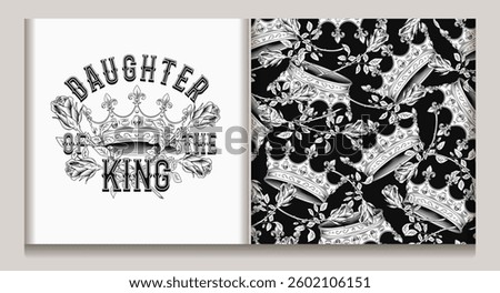 Vintage label, seamless pattern with medieval crown,roses. Kitsch style. Black and white illustration