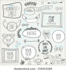 Vintage label set, Hand-drawn doodles and design elements, Ornate frames, banners and ribbons