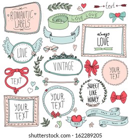 Vintage label set, Hand-drawn doodles and design elements, Ornate frames, banners and ribbons isolated in spring color. Romantic set of labels and ribbons