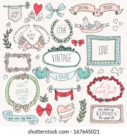 Vintage label set, Hand-drawn doodles and design elements, Ornate frames, banners and ribbons isolated in spring color. Romantic set of labels and ribbons