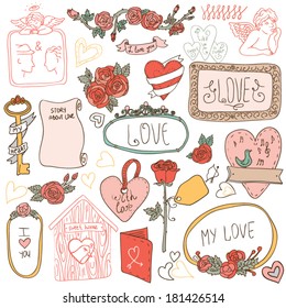 Vintage label set, Hand-drawn doodles and design elements, Ornate frames, banners and ribbons isolated in spring color. Romantic set of labels and ribbons