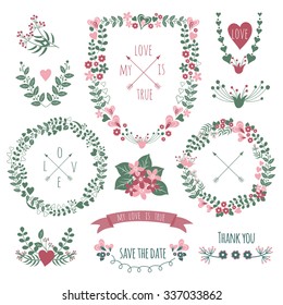Vintage  label set hand-drawn doodles and design elements, Ornate frames, banners and ribbons isolated in spring color. Romantic set of logo and icons