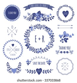 Vintage  label set hand-drawn doodles and design elements, Ornate frames, banners and ribbons isolated in spring color. Romantic set of logo and icons
