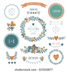 Vintage  label set hand-drawn doodles and design elements, Ornate frames, banners and ribbons isolated in spring color. Romantic set of logo and icons