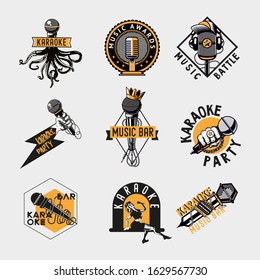 Vintage label set with mic. Old microphones vector icons. Retro style emblem design.