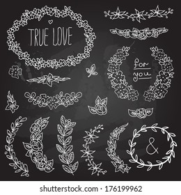 Vintage label set on chalkboard, Hand-drawn doodles and design elements, Ornate frames, banners and ribbons isolated in spring color. Romantic set of labels and ribbons