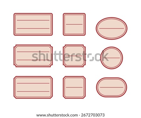 Vintage label set with red borders. Blank retro tags in square, rectangle, oval, and round shapes. Editable template for packaging, gifts, or crafts.