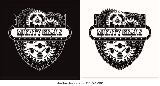 Etiqueta vintage en forma de cresta con arcos negros, blancos, barandilla metálica, remaches, espacio horizontal para texto. Emblema monocromo para el servicio de reparación en estilo steampunk.