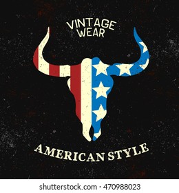 Vintage label with silhouette of bull head and american flag on him.Typography design for t-shirts