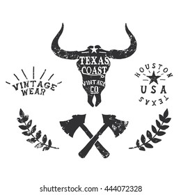 Vintage label with silhouette of bull head.Texas Coast.Typography western design.Vector illustration